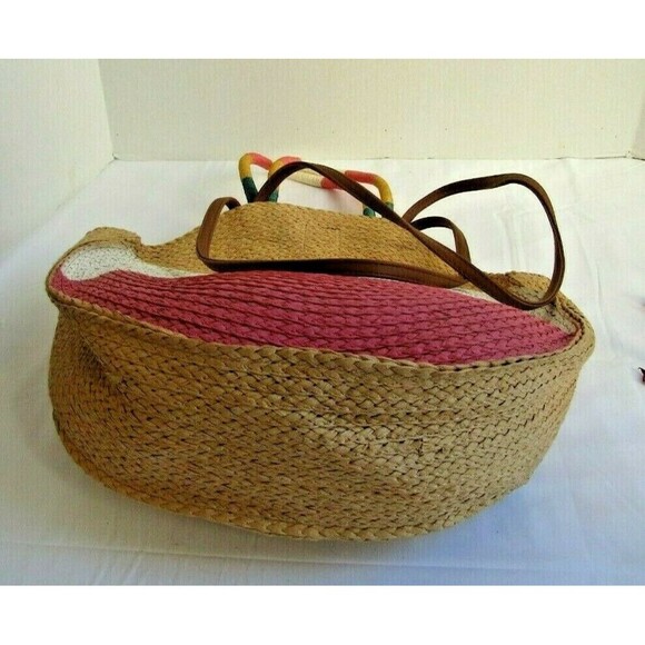 Time and Tru Straw Beach Bag Purse Shoulder Bag Tan Pink Leather Straps NWT - Picture 3 of 5